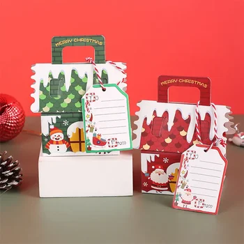 5шт Пакети за Коледни подаръци от Крафт-хартия във формата на домове, опаковки за шоколадови бонбони и бисквити, Зелени и Червени, Опаковки, кутии, Окачване под формата на Елхи, декорация за партита 4