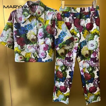 MARYYIMEI Пролетно-летния женски костюм от чист памук в три стила, топ, панталон-молив, празничен комплект от две части с флорални принтом, комплект от две части