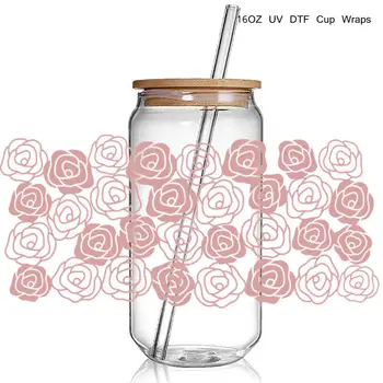 Висококачествен Цветен дизайн Рози, 16 унции, 3D UV-опаковки за чаши DTF, етикети за да прехвърлите, UV-етикети DTF, Силни лепкави