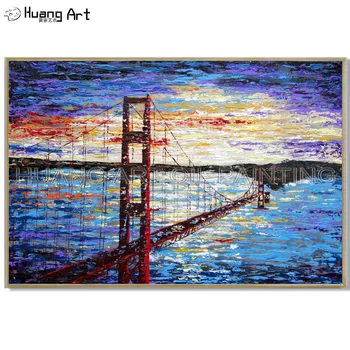 Ръчно рисувани, висококачествен абстрактен нож, пейзаж, картина с маслени бои върху платно, съвременна живопис с маслени бои върху моста Голдън гейт за украса