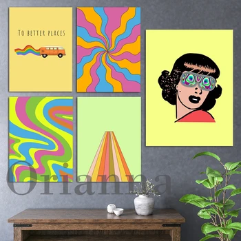 Момиче-хипи, цветни ролка на 70-те години, абстрактен модел стенен арт, щампи върху платно, постери, Съвременна живопис за хол, спалня