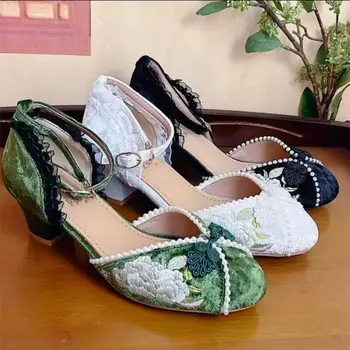 Дамски обувки на висок ток Рокля в китайски стил, новост 2023 г., годината на реколтата дантелени обувки Mary Jane