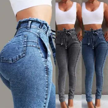 Панталони, дънкови дамски панталони, дамски модни дълги стегнати дънки-големи размери, Нестандартен 2019 г., еластичен пояс с пискюли за панталони 2