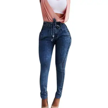 Панталони, дънкови дамски панталони, дамски модни дълги стегнати дънки-големи размери, Нестандартен 2019 г., еластичен пояс с пискюли за панталони 3