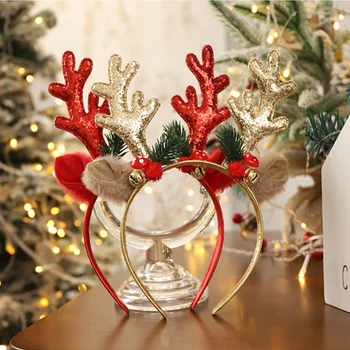 Коледни превръзка на главата от Рога на Лосове Дядо Коледа Златисто-Червени шапки с пайети, Весели Коледни Подаръци, Честит Нов 2024 Година