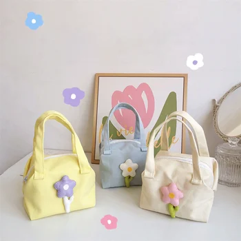 Нова Дамски Преносим Мини Чанта С Цветни Обемно Цвете, Тъканно Чанта За Съхранение С Цип, Холщовая Ръчна Чанта За Пазаруване