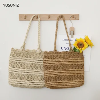 YUSUNIZ Лятна мода сламена чанта Фея Hollow Grass Тканая чанта чанта през рамо Преносима чанта за почивка Плажната чанта за отдих