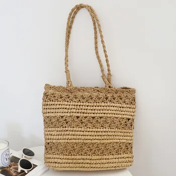 YUSUNIZ Лятна мода сламена чанта Фея Hollow Grass Тканая чанта чанта през рамо Преносима чанта за почивка Плажната чанта за отдих 1