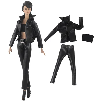 Черен комплект дрехи/кожени палта + топ + дълги панталони/стоп-моушън облекло За кукли Барби дължина от 30 см Xinyi FR ST /коледна играчка за момичета