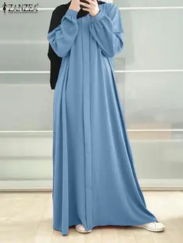 ZANZEA, Модерно мюсюлманската рокля с кръгло деколте и пищни ръкави, Есента ретро монофонични сарафан, всекидневни Макси-халат, Дубай, Дълги рокли 2023 1