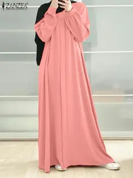 ZANZEA, Модерно мюсюлманската рокля с кръгло деколте и пищни ръкави, Есента ретро монофонични сарафан, всекидневни Макси-халат, Дубай, Дълги рокли 2023 2