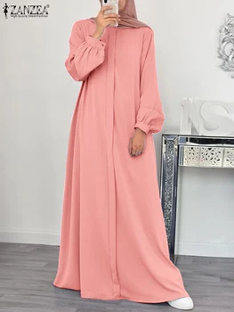 ZANZEA, Модерно мюсюлманската рокля с кръгло деколте и пищни ръкави, Есента ретро монофонични сарафан, всекидневни Макси-халат, Дубай, Дълги рокли 2023 3