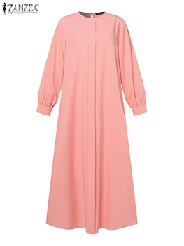 ZANZEA, Модерно мюсюлманската рокля с кръгло деколте и пищни ръкави, Есента ретро монофонични сарафан, всекидневни Макси-халат, Дубай, Дълги рокли 2023 4