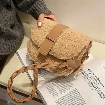 Зимна дамска чанта през рамо, оплетена каишка, седло, чанта за подмишниците, плюшен кожа чанта, дамски квадратна чанта през рамо, чанта през рамо