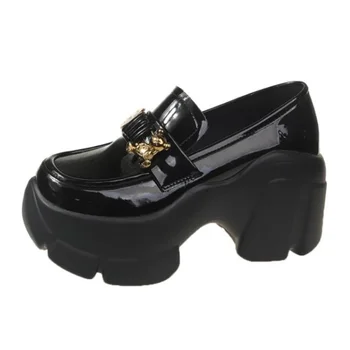 Лоферы на платформа, обувки в стила на британския колеж, фини обувки с дебела подметка, лоферы с кръгло бомбе, дамски луксозни дизайнерски маркови обувки-лодка 0