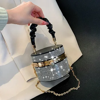 Дамски чанти с блестящи диаманти Тенденция 2023, модерна вечерна дамска чанта, кожена луксозна висококачествена кръгла кутия, дамска чанта на рамото за партита