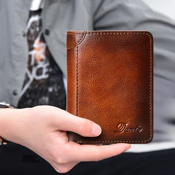 Мъжки кожен портфейл, най-горния слой на кожата в ретро стил, в разговорния стил, мини-портфейл за монети, портфейл, противоугонный, малка чанта за паспорт, изработен от кожа