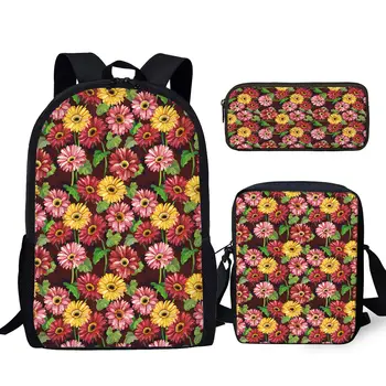 Модерен раница YIKELUO с шарени Малки маргаритки, чанта-месинджър, студентски молив случай джоб, раница с флорални принтом