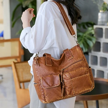 Дамски чанти през рамо от изкуствена кожа, зимен тренд 2023, дамски чанти с двоен джоб, модерна чанта кафяв цвят