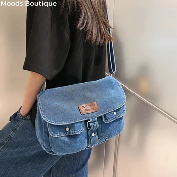 Дънкови чанти-скитник по рамото за жени 2023, Нови тенденции, портмонета и чанти, чанта-месинджър с множество джобове, чанти голям капацитет.