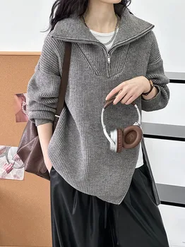SuperAen 2024 Зимата женски вязаный топ с ревера наполовина, модерен дизайн, пуловер, пуловер за жени