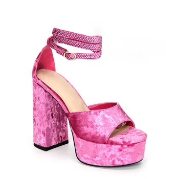 Розови дамски сандали с отворени пръсти на високо масивна ток, кадифени обувки-гладиатори на платформата, готически сватба модела обувки с дебела подметка 1