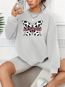 Случайни свободен модерен пуловер с дълги ръкави и принтом пеперуди, обикновен дамски блузи 0