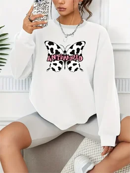 Случайни свободен модерен пуловер с дълги ръкави и принтом пеперуди, обикновен дамски блузи 3