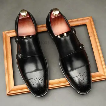 Размери 38-46; Мъжки Модел обувки От естествена Кожа С Двоен обтегач И каишка; Мъжки Обувки Черен и кафяв цвят, С Отворени пръсти; Класически Италиански Обувки