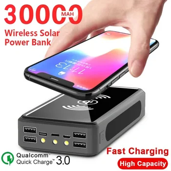 30000mAh Слънчев Безжичен банка за захранване на Зарядно устройство за телефон Преносимо Аварийно зарядно устройство за пътуване на открито Powerbank за Xiaomi Samsung iPhone