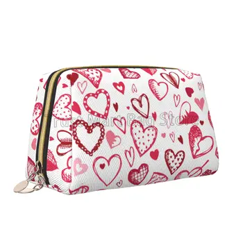 Червено-розово косметичка от сърце любов, кожена дамска чанта за тоалетни принадлежности, козметика чанти, преносима чанта за съхранение на подаръци приятелка на Жена си.
