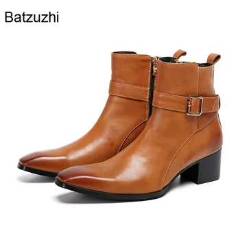 Batzuzhi/ Мъжки обувки на ток 6 см, С остри пръсти, с катарами, с цип, Кафяви Ботильоны От естествена кожа, Мъжки Луксозни Модни Botas Hombre, 38-46