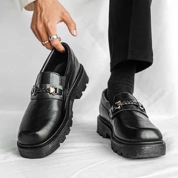 2023 Нова мъжки обувки, Мъжки ежедневни обувки Обувки Lefu Нова кожени обувки с квадратна глава на дебела подметка Персонализирани обувки Дерби