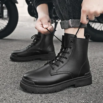 Обувки за мъже, новост 2023 г., висококачествени черни матови мъжки обувки, стилни мотоциклетни ботуши с висок берцем, улични работни ботуши с цип