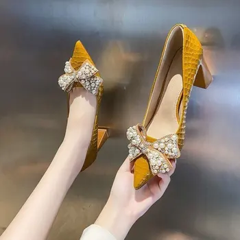 2023 Нови обувки на висок ток с лък, женски обувки в блок обувки с кристали, Висококачествено сватбена рокля, Сватбени обувки на висок ток