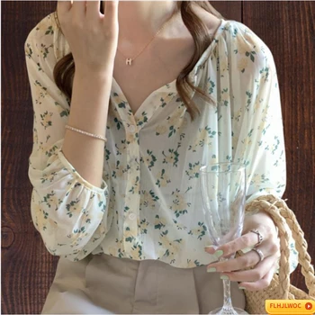 Сладки красиви блузи и блузи 2023, модни дамски тънки прозрачни ежедневни ризи в японски стил с флорални принтом, ретро Реколта ризи с копчета