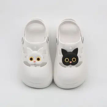 Черно-бели дамски обувки с кошачьими дупки Летни дрехи Нескользящие сандали с дебел завернутым петите Летни улични сладък дамски чехли