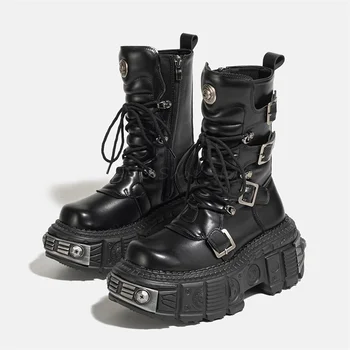 Пънк-обувки дантела с дебелина 8 см, женски готически къси ботуши, Мотоциклетът обувки от черна кожа с катарама на колана си, дамски обувки 2023 година на издаване 0