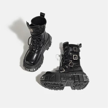 Пънк-обувки дантела с дебелина 8 см, женски готически къси ботуши, Мотоциклетът обувки от черна кожа с катарама на колана си, дамски обувки 2023 година на издаване 4