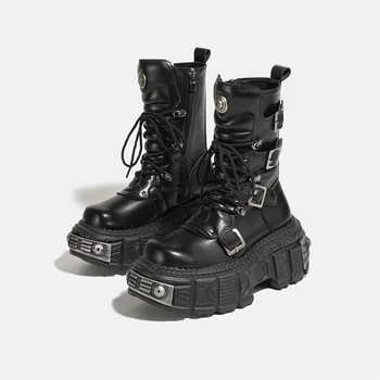 Пънк-обувки дантела с дебелина 8 см, женски готически къси ботуши, Мотоциклетът обувки от черна кожа с катарама на колана си, дамски обувки 2023 година на издаване 5
