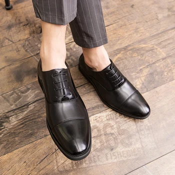 Нова мъжка кожена обувки, бизнес и официални оксфордские модела обувки с дантела, луксозни официални сватбени обувки за булката, модерни офис обувки с остър пръсти