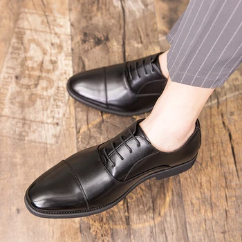 Нова мъжка кожена обувки, бизнес и официални оксфордские модела обувки с дантела, луксозни официални сватбени обувки за булката, модерни офис обувки с остър пръсти 2