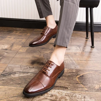 Нова мъжка кожена обувки, бизнес и официални оксфордские модела обувки с дантела, луксозни официални сватбени обувки за булката, модерни офис обувки с остър пръсти 3