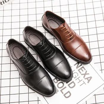 Нова мъжка кожена обувки, бизнес и официални оксфордские модела обувки с дантела, луксозни официални сватбени обувки за булката, модерни офис обувки с остър пръсти 5