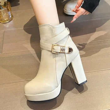 Есенно-зимни дамски обувки на ток 2023, модни дамски ботильоны на платформата с кръгло бомбе и масивна ток, по-големи размери на обувки на висок ток