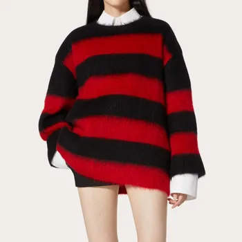 2023 Нов червено-черен пуловер с контрастиращи шевове в широка ивица, Женски Случайни Ретро Пуловер с кръгло деколте и дълъг ръкав, Есен-Зима