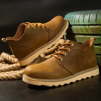 Работни обувки от естествена кожа за мъже, меки ботильоны-вамп, топли зимни обувки в меху