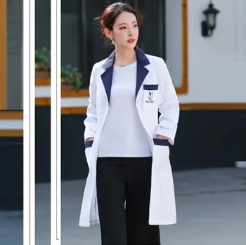 Жена лабораторен халат, яке лекар/медицинска сестра/козметик, медицински униформи, рокля медицинска сестра с дълъг ръкав и яка