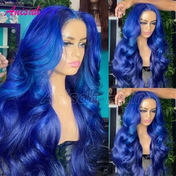 Бесклеевые сини перуки от естествена коса с масова вълна на дантели за жени 13X4 13X6 Прозрачни перуки от естествена коса на дантели за жени, предварително выщипанные