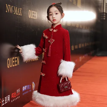 Детски зимни топло модален костюм Чонсам, рокля с цветя модел за момичета на сватба, рожден Ден, Коледа рокля, дрехи за китайската Нова година